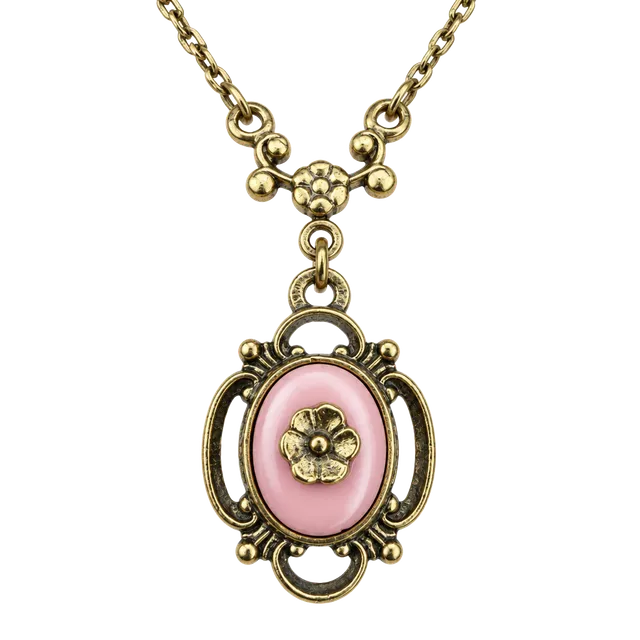 1928 Necklace Pink Porcelain Flower Filigree 15 Inch