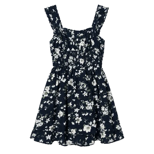 Floral Dress Navy White Smocked Ruffle Strap romper
