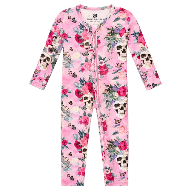 Bums & Roses Romper Size 0-3 Months Pink Floral Skull Ruffle