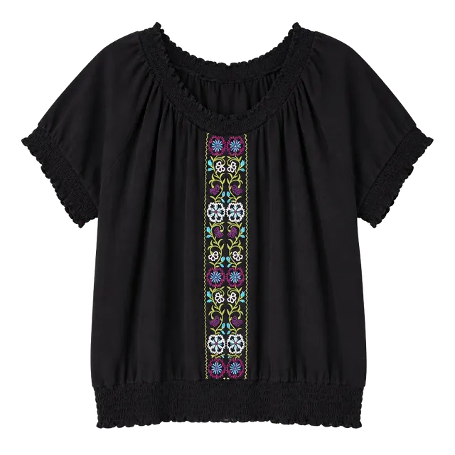 Fashion Bug Black Embroidered Floral Scoop Neck Short Sleeve Pullover Blouse 3XL