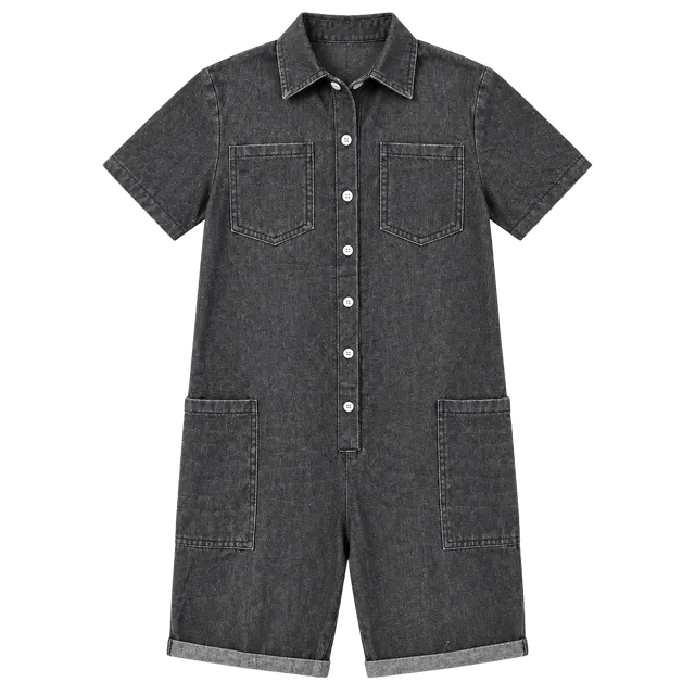 Women's Black Denim Short Sleeve Button Down Romper