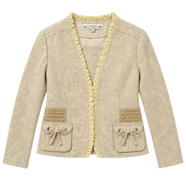 Jacket Beige Floral Brocade Ruffle with Bows 
