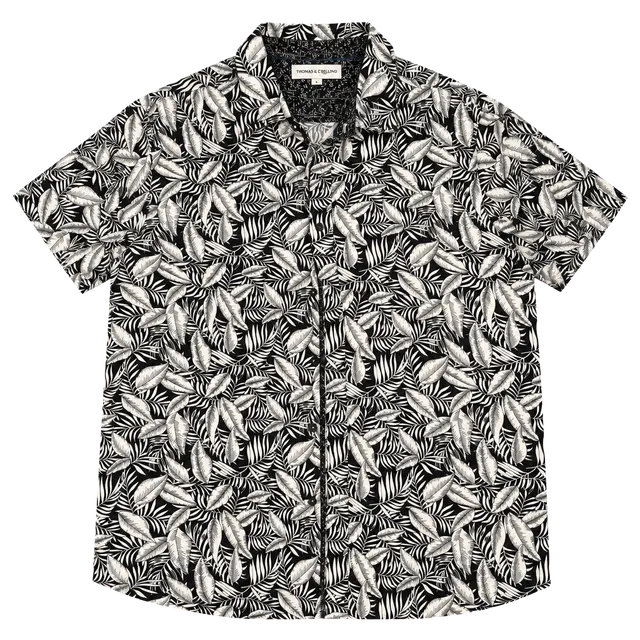 Thomas Sterling Short Sleeve Shirt Size L Black White Leaf Tropical