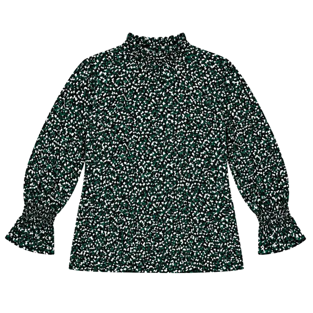 Anne Klein Blouse Size M Green Black Floral Smocked Mock Neck
