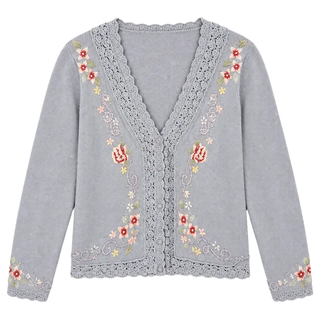 Vintage Pastel Periwinkle Floral Embroidered Cardigan Sweater (Size XL)