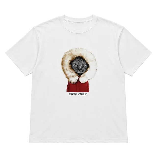 Banana Republic Winter Coat Cat Graphic T Shirt Large White Novelty