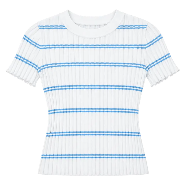 Happily Grey Women’s Ribbed Striped Short Sleeve Sweater White Blue Large