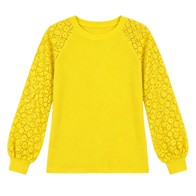 MIHOLL Waffle Knit Lace Sleeve Top Size L Yellow Long Sleeve Shirt