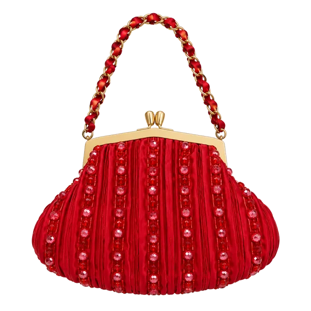 Inge Christopher Beaded Evening Clutch Red Silk Chain Strap New With Tags