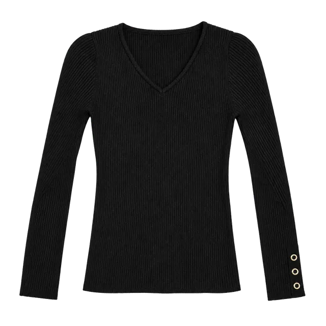 Elie Elie Tahari Ribbed V-Neck Sweater Size M Black
