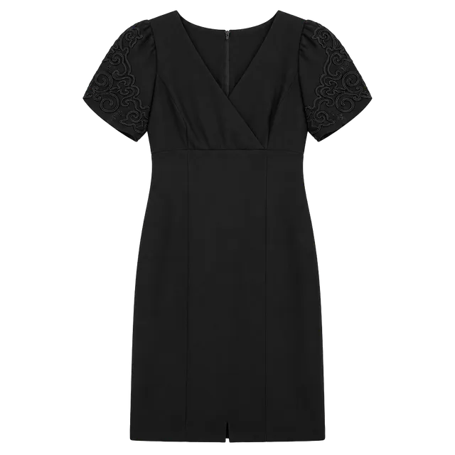 Donna Morgan Black Dress Size 4 Embroidered Short Sleeve V-Neck