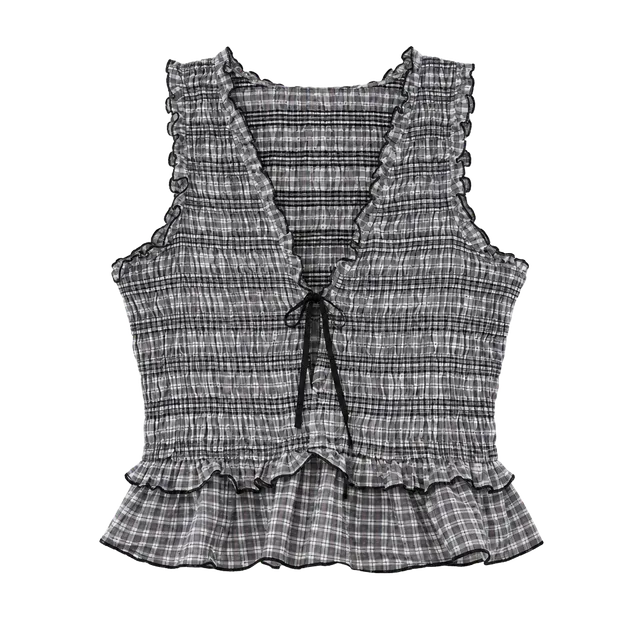 LOFT Plaid Smocked Tank Top Size S Black White Ruffle Crop