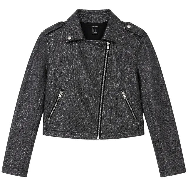 Forever 21 Metallic Moto Jacket Size M Black Silver Cropped Biker