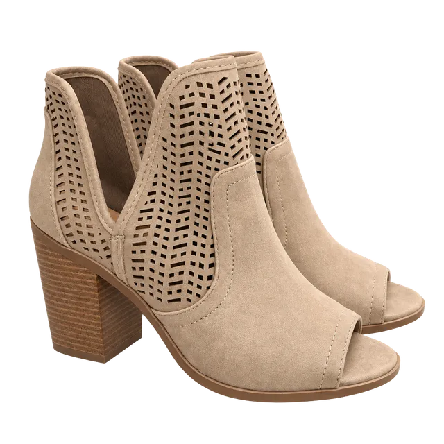 Nude Peep Toe Booties Wooden Chunky Heel Hollow Out Ankle Boots