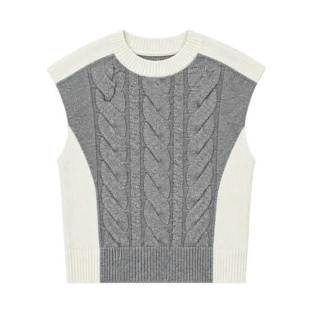 Zara Gray & Cream Contrast Cable Knit Sleeveless Sweater Vest Small