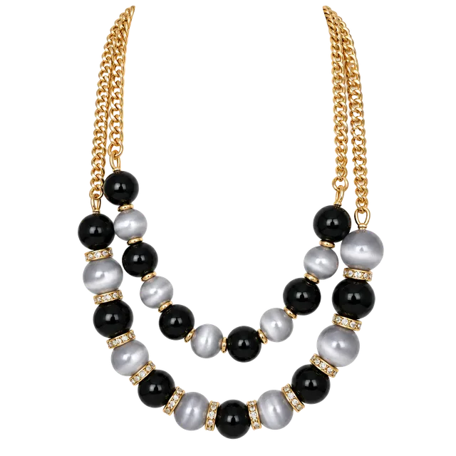 Talbots Double Strand Beaded Necklace Black Gray Gold Tone
