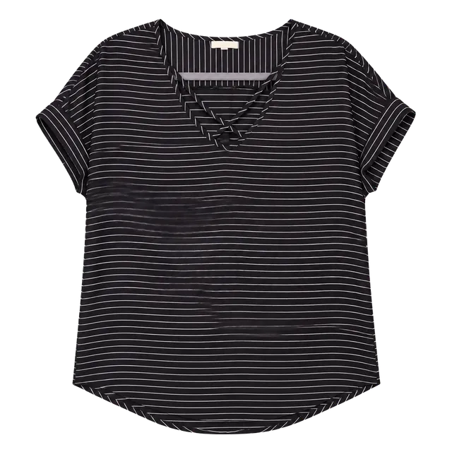 Maurices Blouse Size M Black White Striped Short Sleeve V-Neck