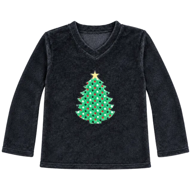 Cozy Christmas Tree Fuzzy Fleece V-Neck Pullover  Size L Holiday Lounge