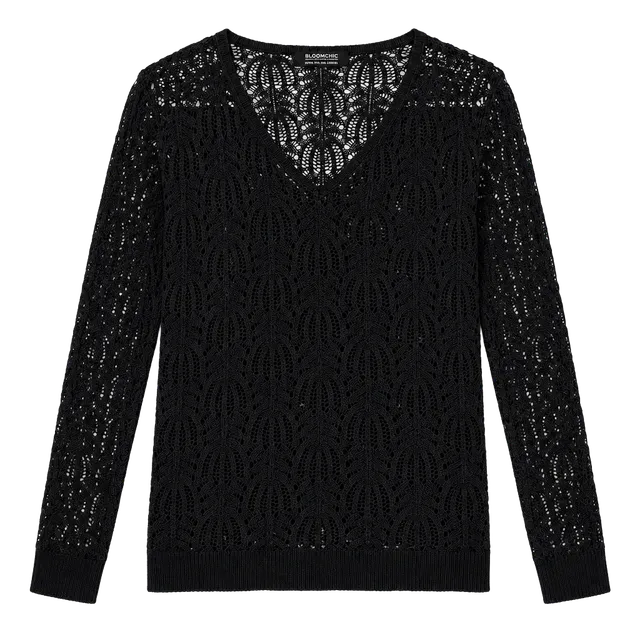 Black Open Knit Crochet Sweater V Neck Boho Coastal Layering Top Size 14-16
