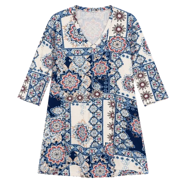 V-Neck Tile-Print Tunic in Navy & White