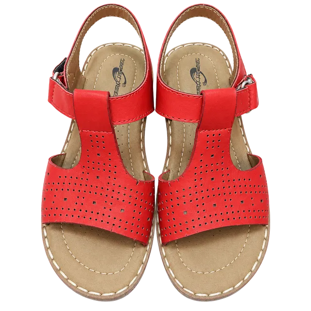 Comfort Trends Wedge Sandals Size 9 Red Perforated Ankle Strap Platform