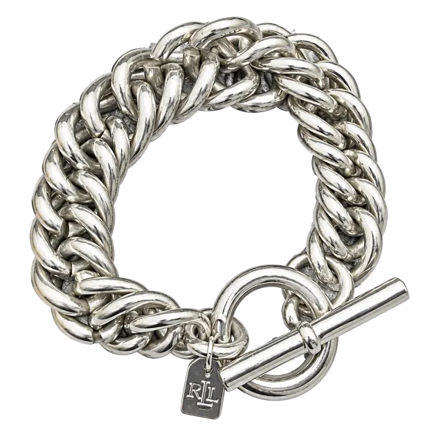 Ralph Lauren Vintage Double Curb Chain Toggle Bracelet Silver Tone