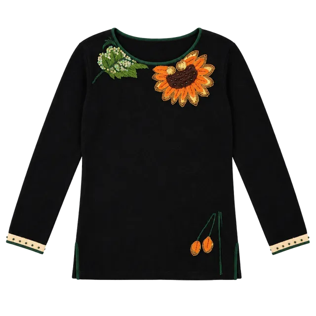 Storybook Knits Sunflower Sweater Size S Black Sequin Beaded Deadstock NWT