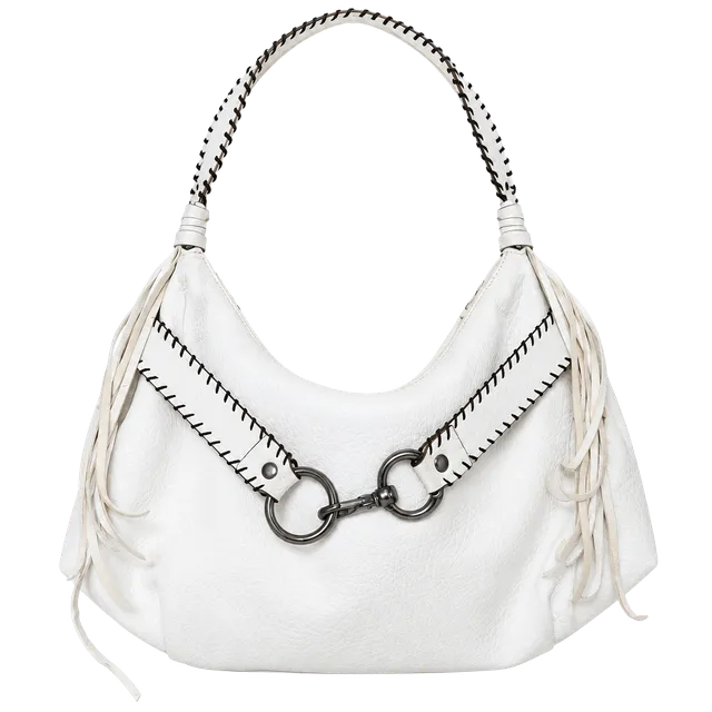Nine West White Faux Leather Hobo Shoulder Bag With Contrast Stitching Rings