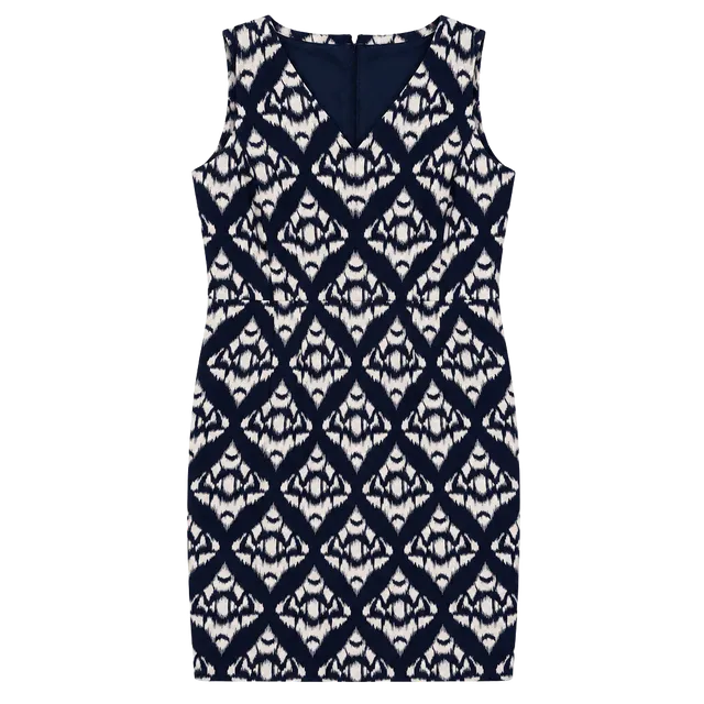 Talbots Sleeveless Dress Size 12 Blue White Ikat Geometric V-Neck