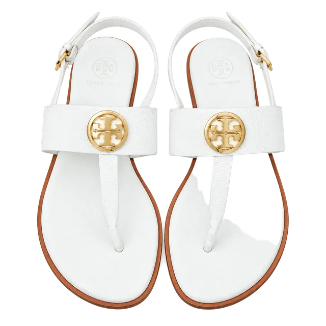Tory Burch Benton 2 Flat Thong Sandals White Leather Gold Logo Size 9.5