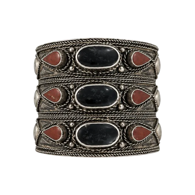 Vintage Tribal Silver Tone Multi-Stone Cuff Bracelet