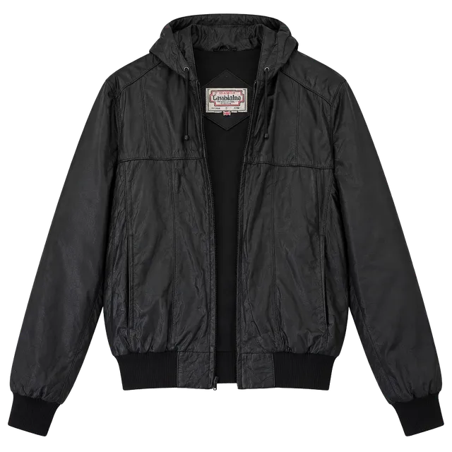 Casablanca Leather Bomber Jacket Size 44 Black Hooded