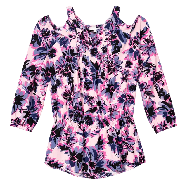Savoir Cold Shoulder Blouse Floral Pink Blue Long Sleeve
