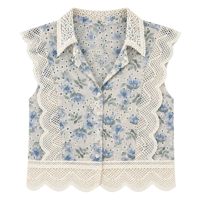 Ultra Pink Floral Blouse Size S Blue White Eyelet Lace Button Down Top
