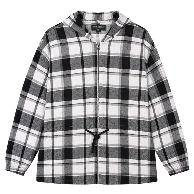 Green Goddess Plaid Hooded Zip Jacket Size L Black White