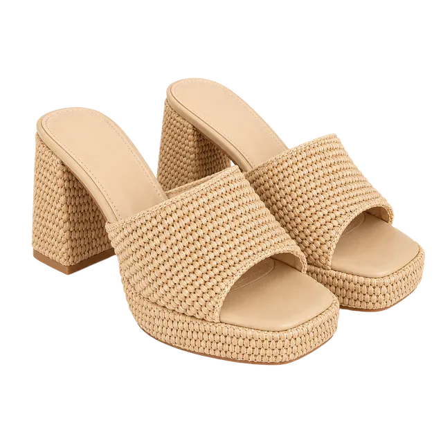 Woven Rattan Square Toe Block Heel Sandals Size 8 Beige