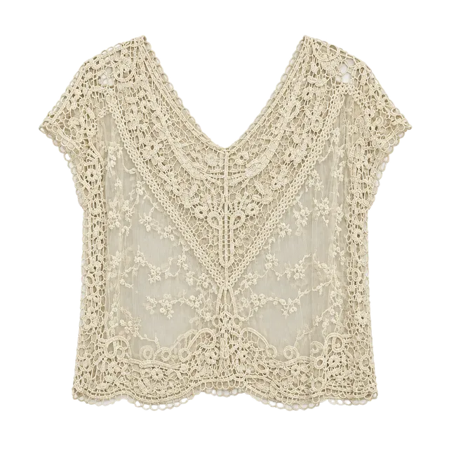 Vivid Importers of NY Crochet Lace Boho V-Neck Short Sleeve Tunic Top Medium