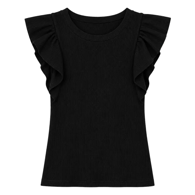 Marie Oliver Rory Ruffle-Trim Ribbed Top Size S Black