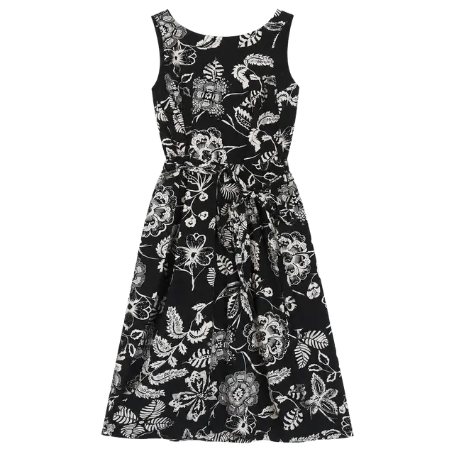 Tahari Arthur S. Levine Black and White Floral Sleeveless Sateen Belted Midi Dress, 8