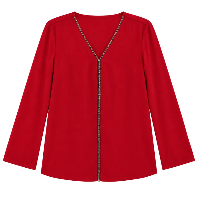 Liz Claiborne Blouse Size PM Red Rhinestone Trim Long Sleeve