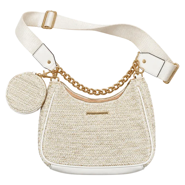 ALDO Crossbody Shoulder Bag White Gold Straw Chain Handle Coin Pouch