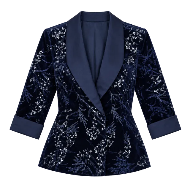 R&M Richards Velvet Blazer Petite Navy Blue GlitterFloral