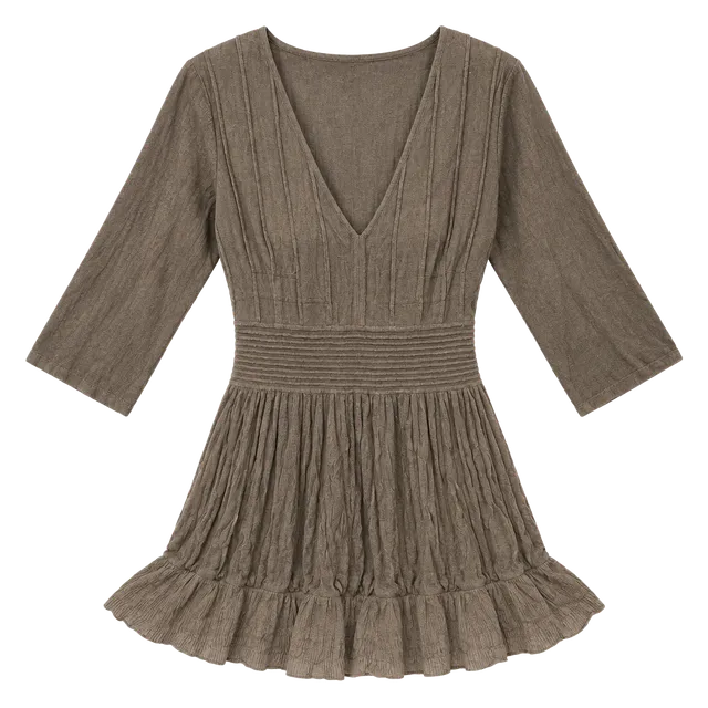 Studio M Sweater Dress Size XL Brown V-Neck Pleated Knit Tunic Mini Dress