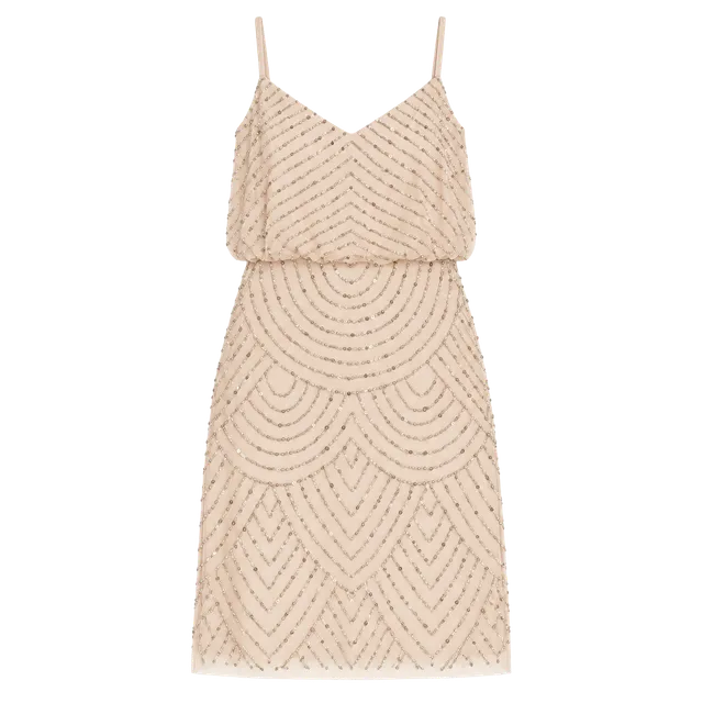 Adrianna Papell Beaded Blouson Dress Size 8 Blush Gold Art Deco