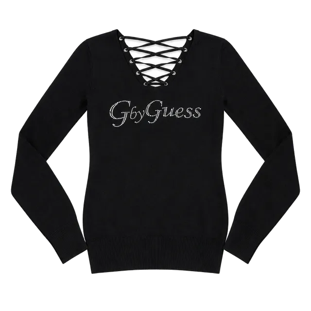 G by Guess Black Rhinestone Logo Laced Back Sweater