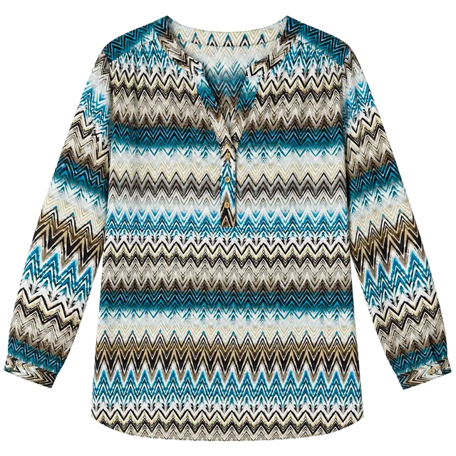 Zac & Rachel Chevron Tunic Blouse 1X Teal Brown Cream Boho Long Sleeve