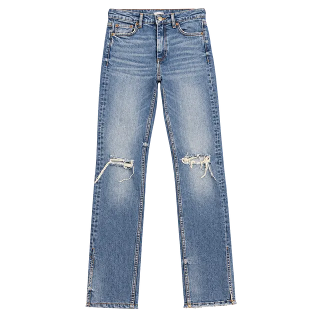 Zara Straight Leg Distressed Jeans Size 4 26x31 Blue Denim Raw Hem
