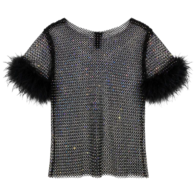 Windsor Rhinestone Mesh Top Size S Black Feather Trim