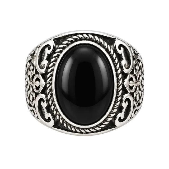 Vintage Natural Black Oval Onyx Stainless Steel  
Open Ring Size 9