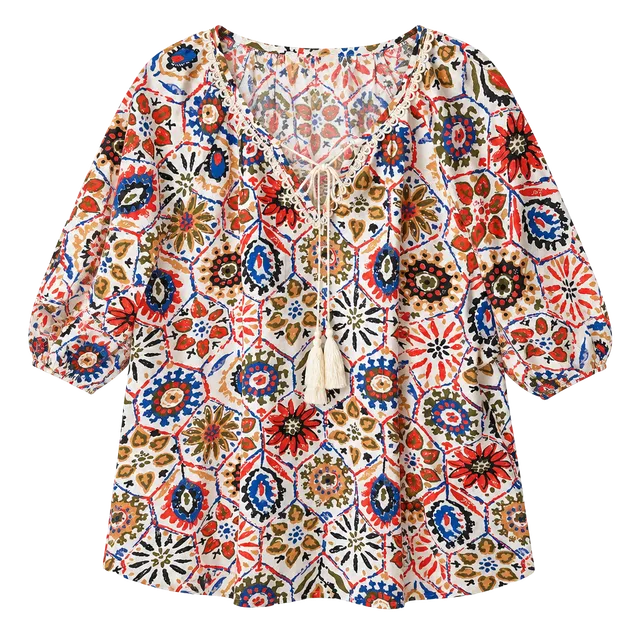 Vivilli Blouse Size XXL Multicolored Geometric Boho Tassel Peasant Top